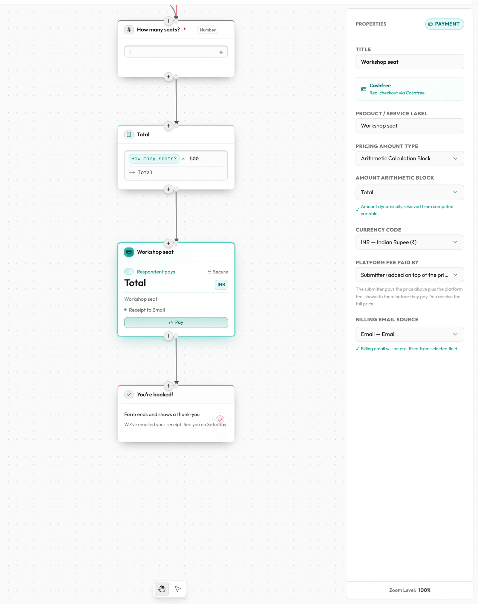 A Payment block selected on the editor board, with its amount and fee settings on the right.