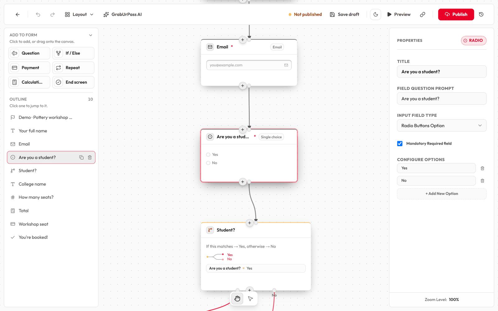 The editor: Add to form palette and Outline on the left, the board in the middle, properties panel on the right.