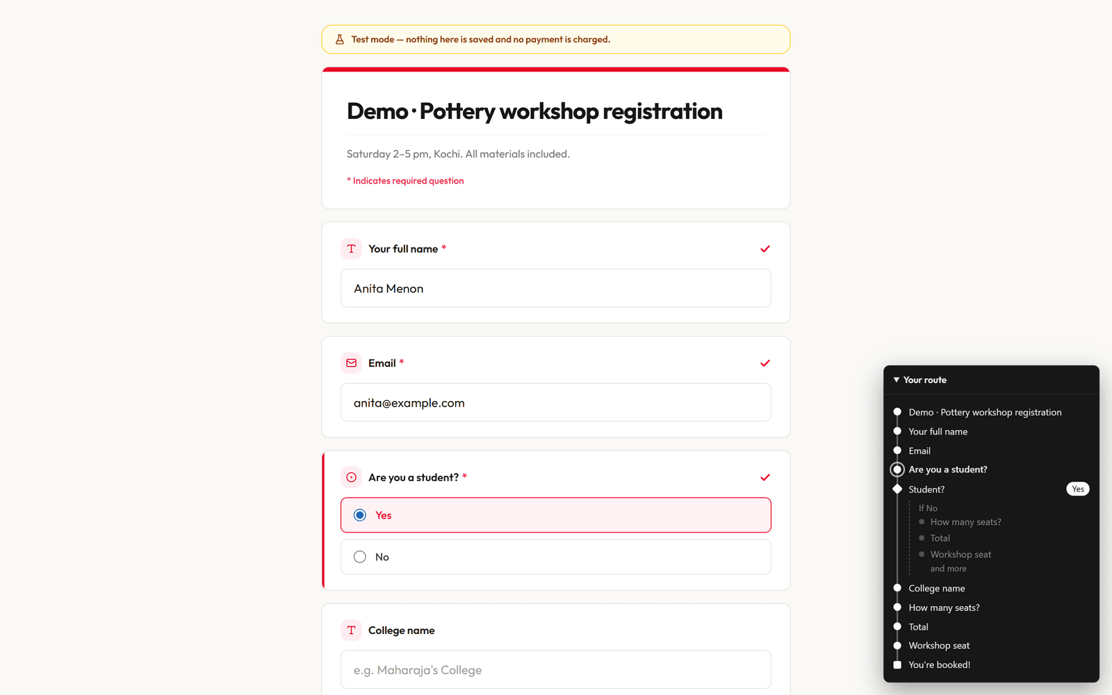 A form open in test mode with a Your route panel at the bottom right.